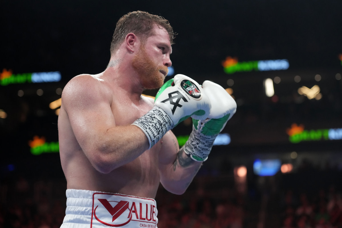 Canelo Alvarez in the middle of a boxing title fight against Gennady Golovkin.